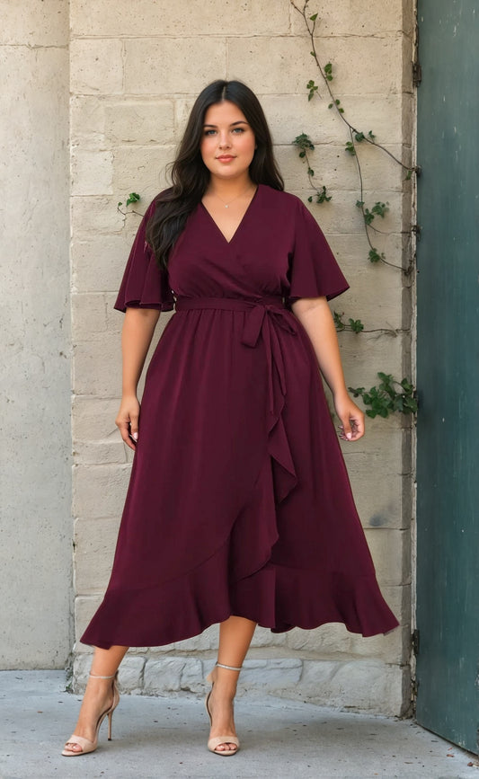 Burgundowa sukienka plus size na wesele z wiskozy zakładana kopertowo id:1949