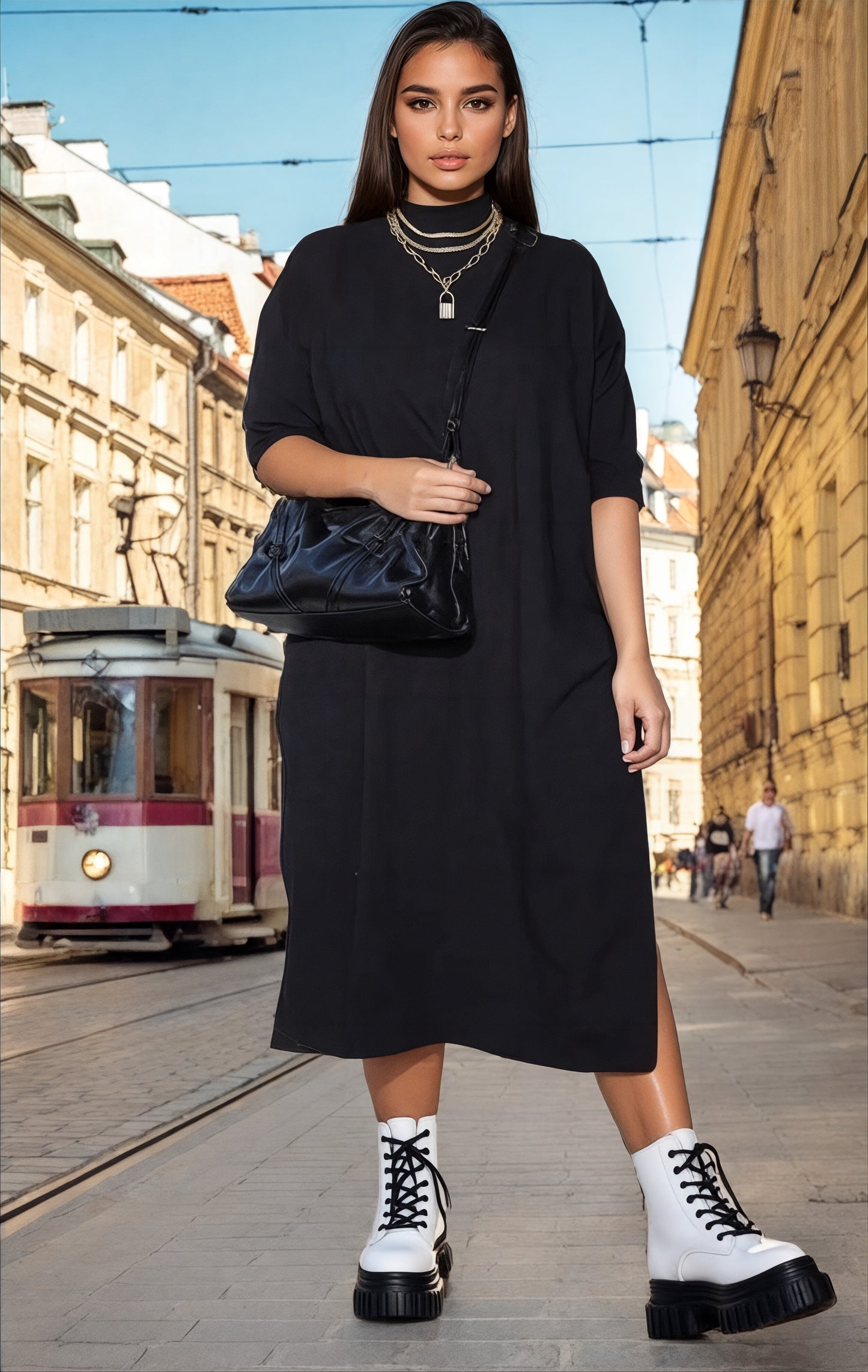 Plus size Czarna sukienka casual midi z półgolfem i rozcięciami na nogę z wiskozy oversize id:1977